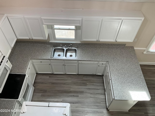 kitchen with white cabinets, wood-type flooring, sink, tasteful backsplash, and dishwasher