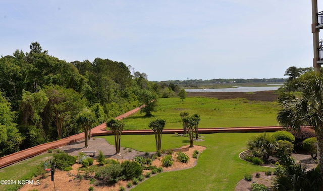 view of nearby features featuring a yard and a water view