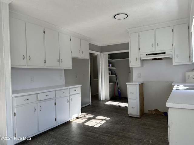 kitchen with white cabinetry, dark hardwood / wood-style flooring, and crown molding