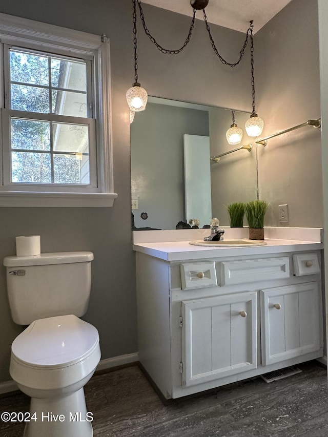 bathroom with toilet, vanity, and hardwood / wood-style flooring