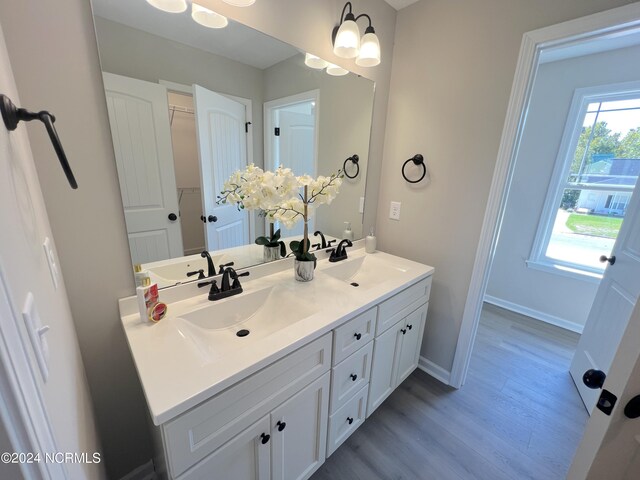 bathroom with wood finished floors, a sink, baseboards, and double vanity