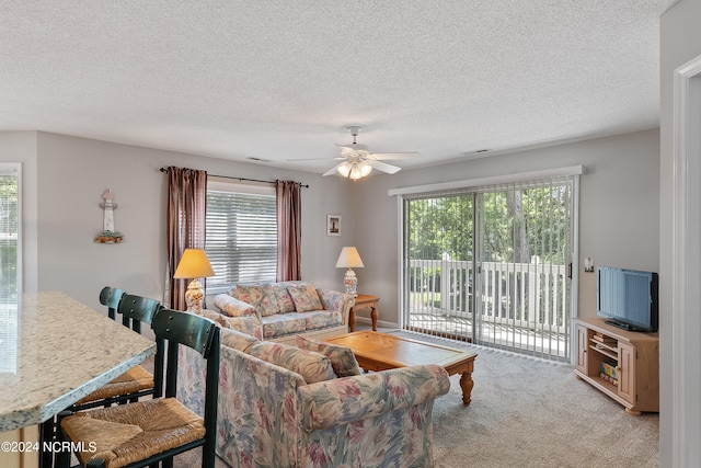 living room featuring plenty of natural light, ceiling fan, carpet floors, and a textured ceiling