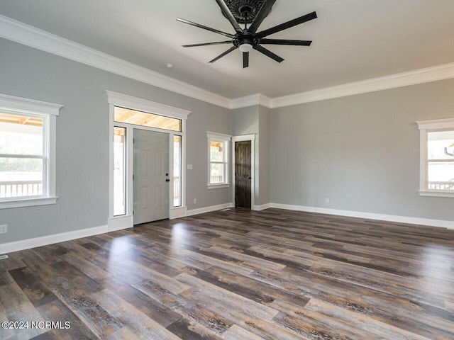 interior space featuring dark hardwood / wood-style floors, ceiling fan, and ornamental molding