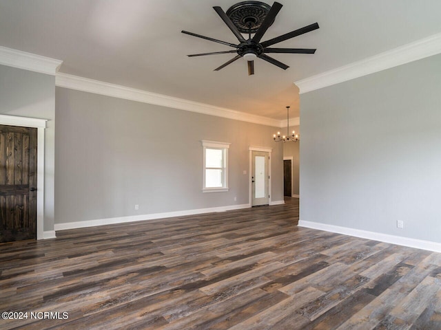 unfurnished living room featuring dark wood-type flooring, ceiling fan with notable chandelier, and ornamental molding