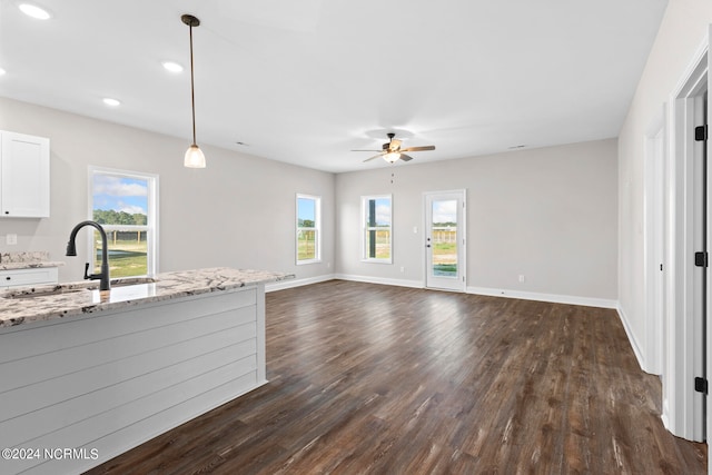 interior space featuring ceiling fan, dark wood-type flooring, and sink