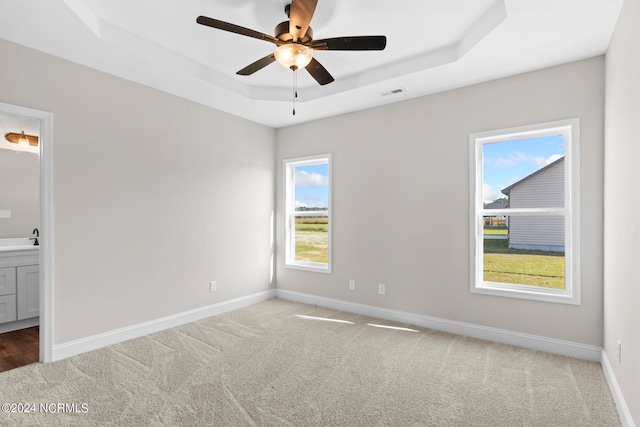 carpeted empty room with a tray ceiling, ceiling fan, a healthy amount of sunlight, and sink