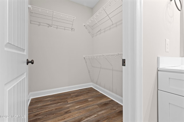 spacious closet with dark hardwood / wood-style flooring