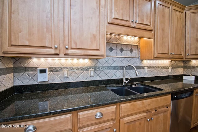 kitchen with sink, backsplash, dark stone counters, and dishwasher