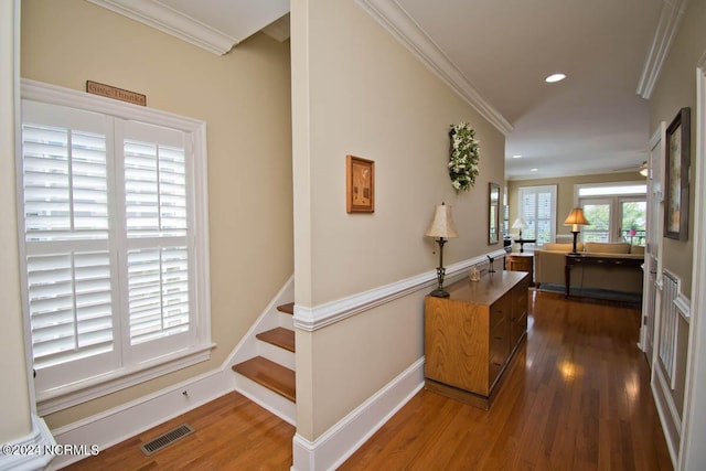 hallway featuring ornamental molding and dark hardwood / wood-style floors