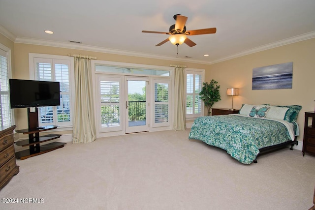 bedroom featuring crown molding, carpet, access to exterior, and ceiling fan