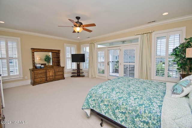 bedroom with crown molding, access to outside, ceiling fan, and carpet flooring