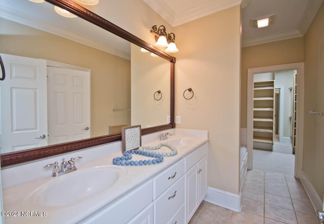 bathroom with vanity, tile patterned flooring, and crown molding