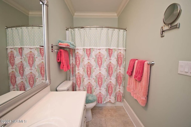 bathroom featuring vanity, ornamental molding, toilet, and walk in shower