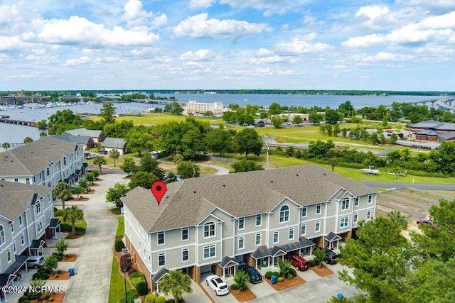 drone / aerial view with a water view