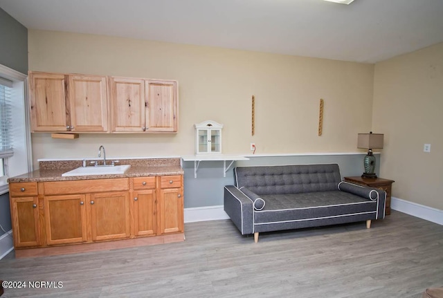 kitchen featuring light stone countertops, sink, and light wood-type flooring