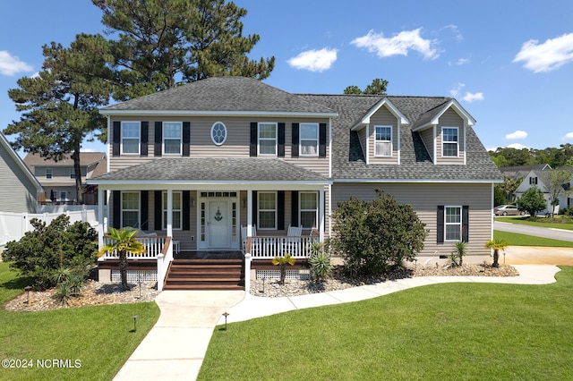 view of front of property featuring a front yard and covered porch