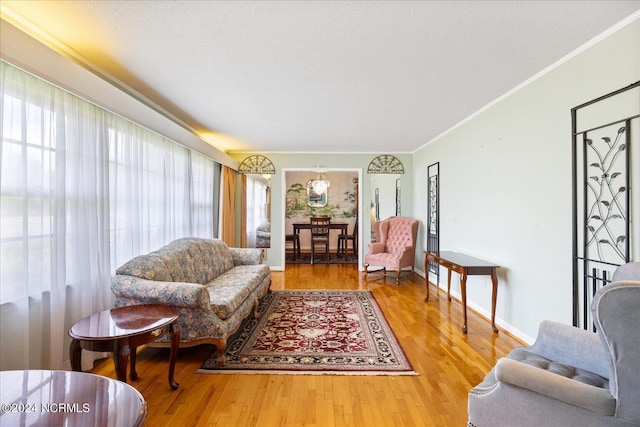 living room featuring hardwood / wood-style flooring, crown molding, and a textured ceiling