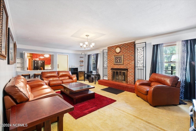 carpeted living room with a fireplace, a textured ceiling, and an inviting chandelier