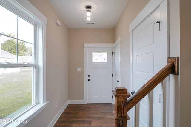 foyer entrance with dark wood-type flooring and plenty of natural light