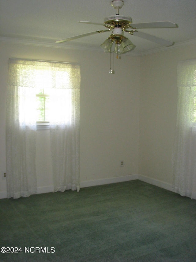 carpeted spare room with ceiling fan and ornamental molding