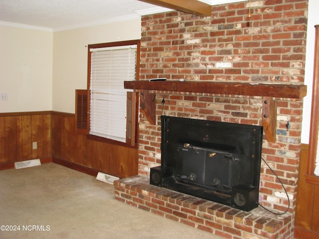 room details with carpet flooring, crown molding, and wood walls