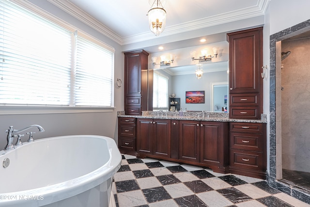 bathroom with ornamental molding, vanity, tile floors, and plus walk in shower