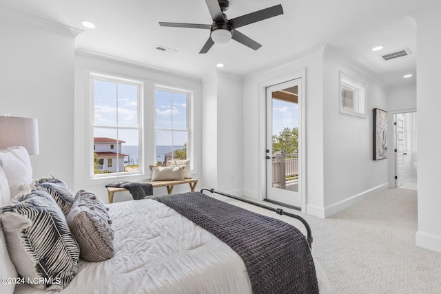 carpeted bedroom featuring access to outside, ceiling fan, ornamental molding, and ensuite bathroom