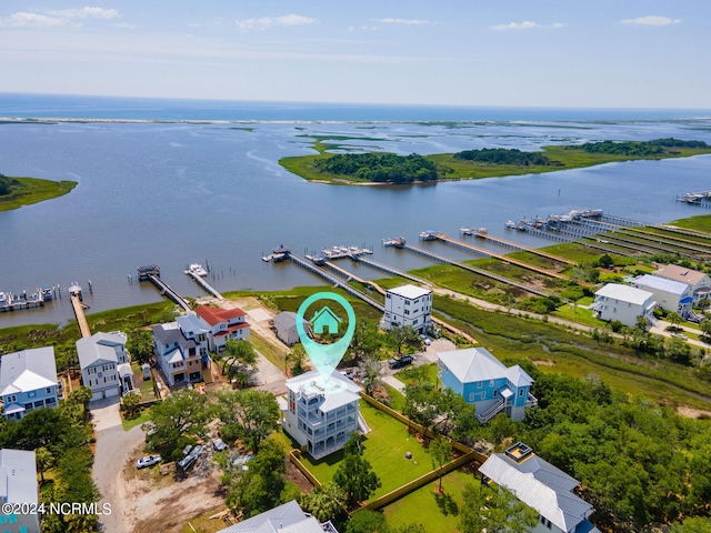 drone / aerial view featuring a water view