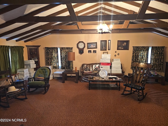 living room featuring vaulted ceiling with beams and carpet floors