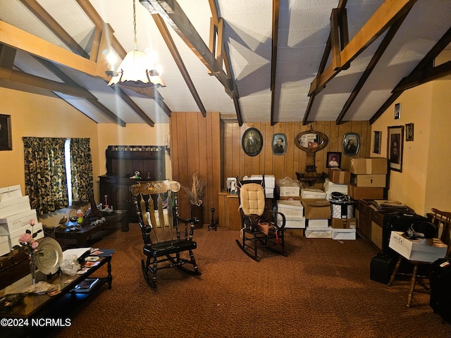 interior space featuring lofted ceiling with beams, an inviting chandelier, wood walls, and carpet flooring