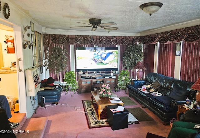 carpeted living room with ceiling fan and crown molding