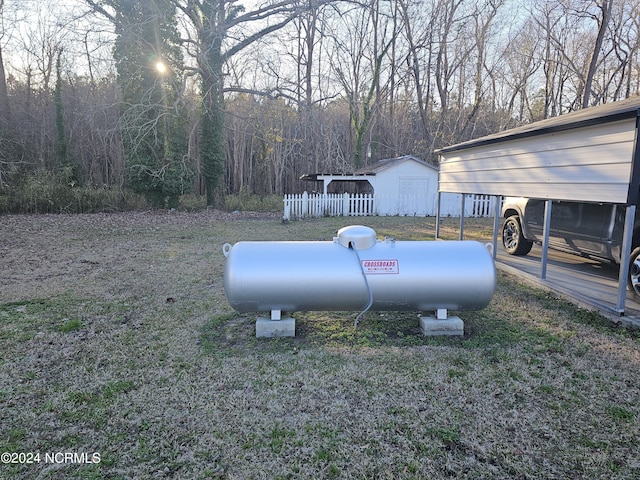 view of yard with a storage unit and a carport