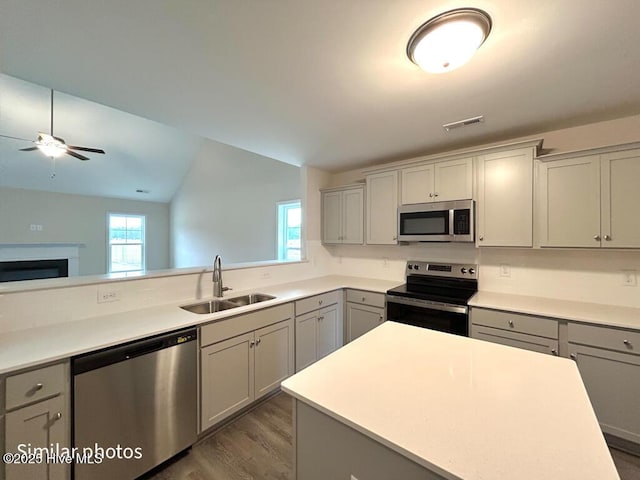 kitchen with appliances with stainless steel finishes, sink, vaulted ceiling, ceiling fan, and gray cabinetry