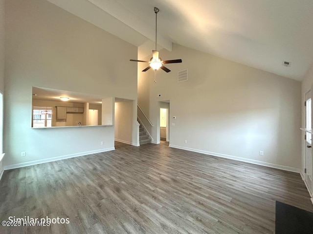 unfurnished living room featuring ceiling fan, beam ceiling, high vaulted ceiling, and hardwood / wood-style floors