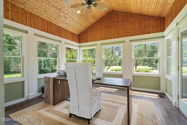 sunroom / solarium featuring a wealth of natural light, ceiling fan, wooden ceiling, and vaulted ceiling