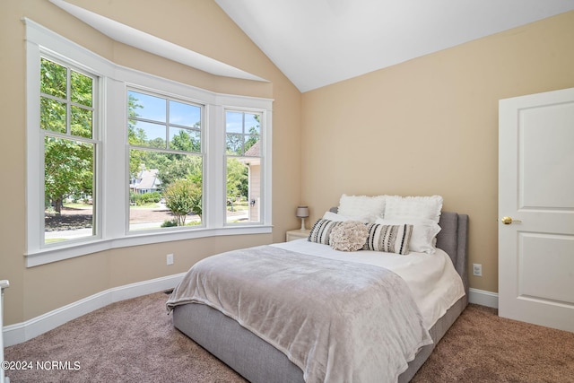 carpeted bedroom with multiple windows and vaulted ceiling