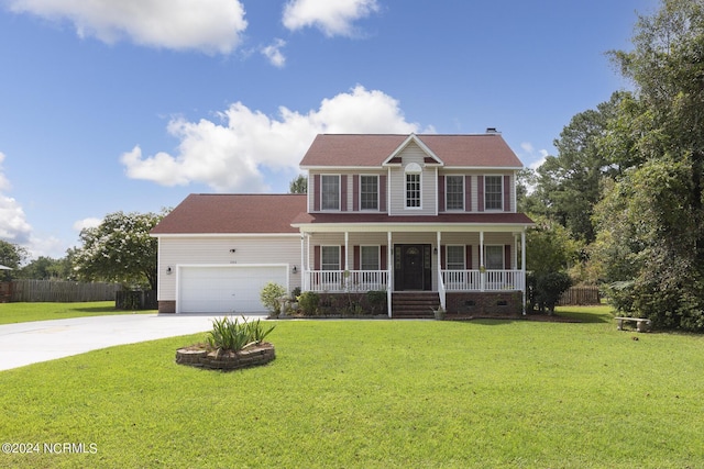 colonial home with an attached garage, covered porch, concrete driveway, crawl space, and a front yard