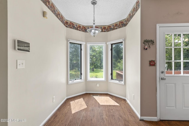 unfurnished dining area featuring a healthy amount of sunlight, baseboards, a textured ceiling, and wood finished floors