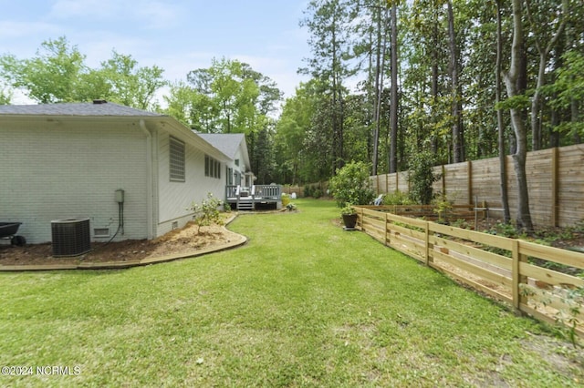 view of yard with a deck, central air condition unit, and a fenced backyard