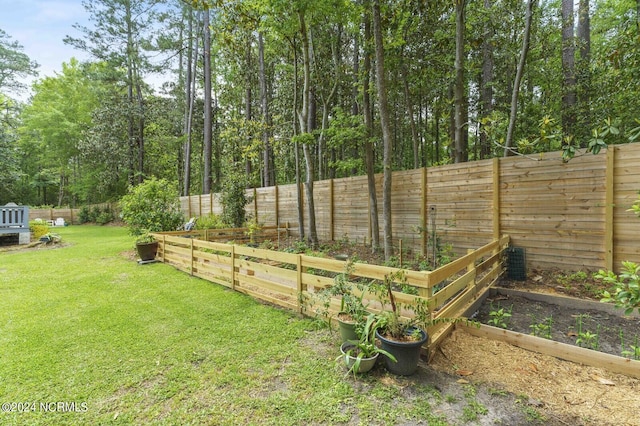view of yard featuring a fenced backyard and a vegetable garden