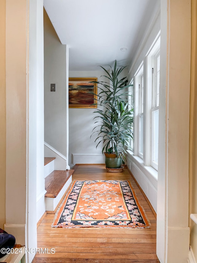 hall with hardwood / wood-style flooring