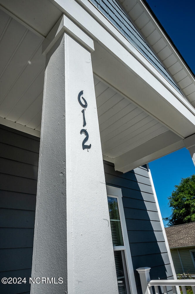 exterior details with beamed ceiling