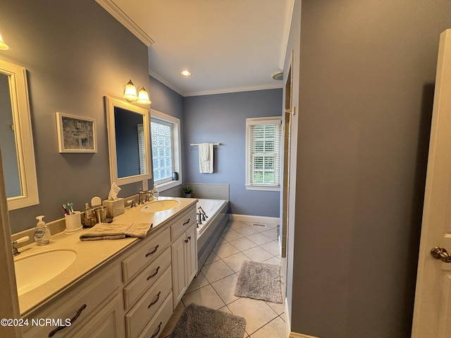 bathroom featuring double vanity, ornamental molding, a sink, and tile patterned floors