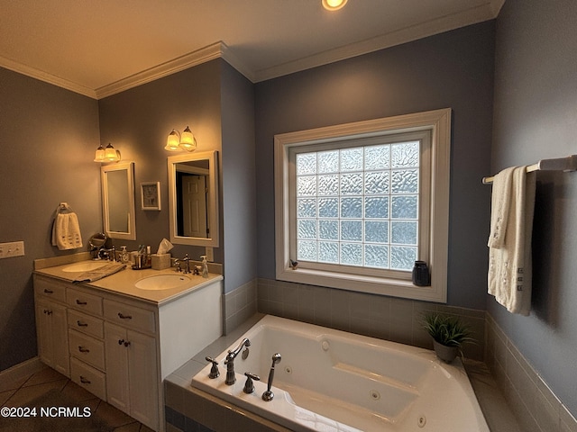 full bath featuring a whirlpool tub, double vanity, a sink, and crown molding