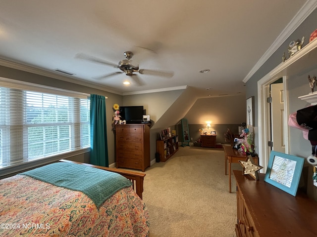 bedroom with crown molding, ceiling fan, visible vents, and light colored carpet