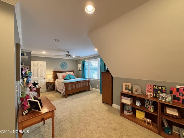 bedroom with recessed lighting, ornamental molding, a ceiling fan, light carpet, and baseboards