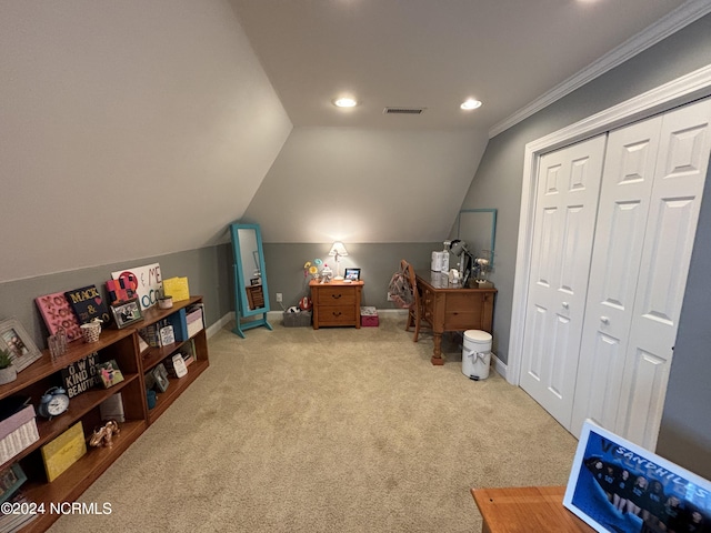 recreation room with crown molding, light carpet, and lofted ceiling