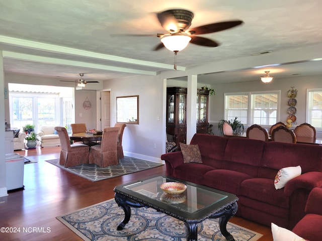 living room featuring ceiling fan and hardwood / wood-style floors