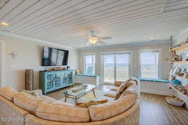 living room featuring wood-type flooring, ornamental molding, ceiling fan, and wood ceiling