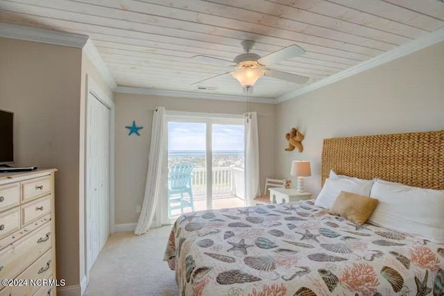 bedroom with ceiling fan, a closet, light carpet, wood ceiling, and access to exterior